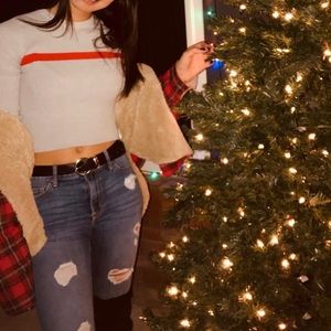 grey and red sweater